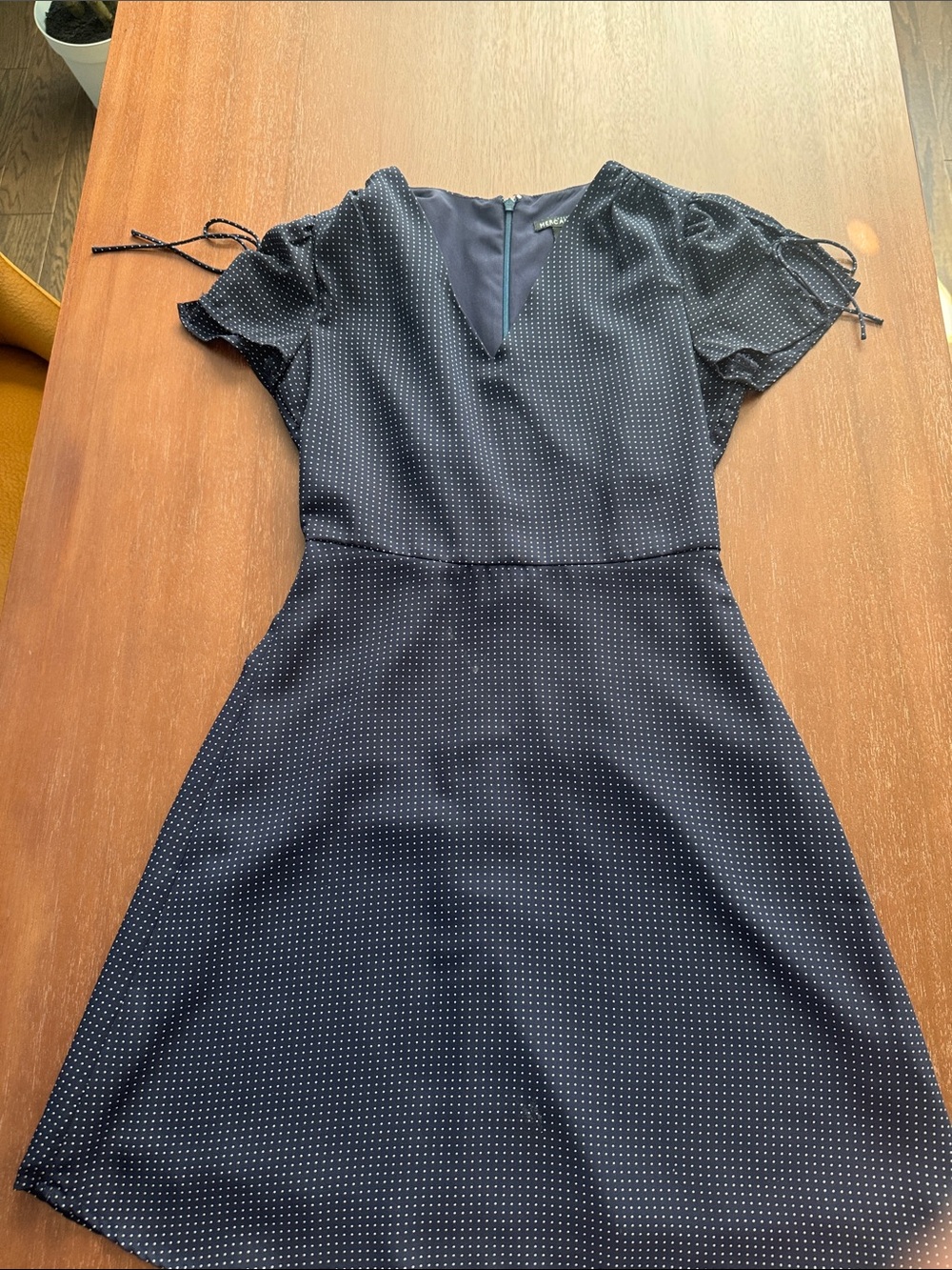 J. Crew Navy Dot V‑Neck A‑Line Midi Dress